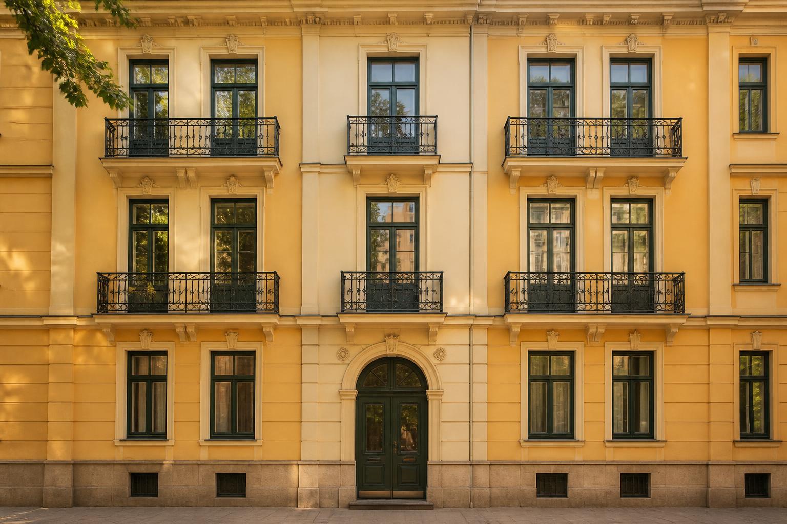 Belvárosi budapesti társasház napfényes homlokzata